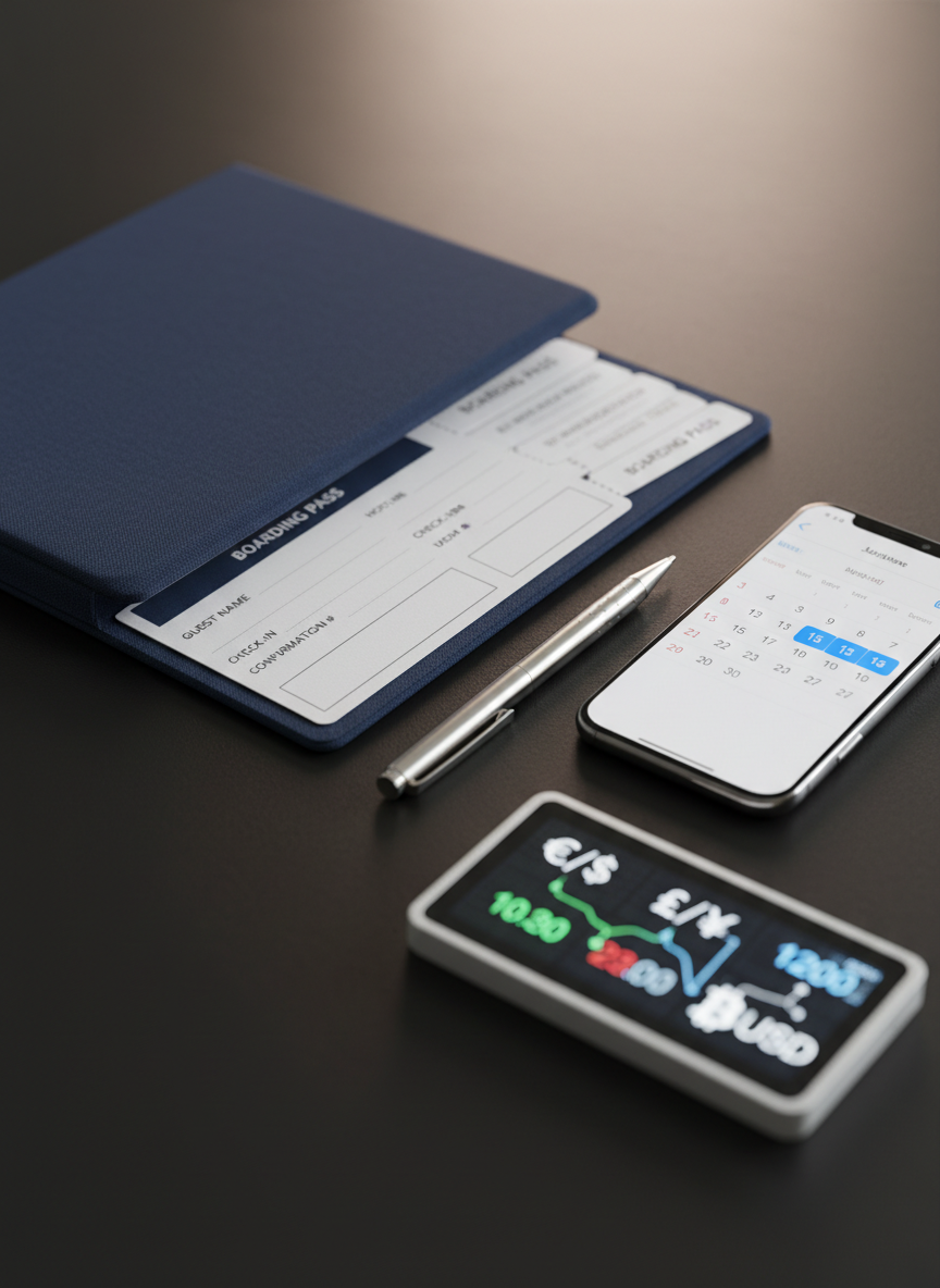 A close-up, photographic scene of travel documents and reservation materials neatly arranged on a dark, matte-finish table. A high-quality, navy-blue hard-cover folder lies open, revealing blank ticket-style cards and an empty hotel voucher form, alongside a slim, metallic pen. Next to it, a modern smartphone displays a stylized calendar with highlighted date blocks, and a small, digital-looking desk display shows abstract currency symbols to imply exchange rates. Soft, warm overhead lighting creates gentle reflections on the metal pen and subtle gradients on the folder’s textured cover. Shot from a slightly elevated angle with a shallow depth of field, the mood is organized, reassuring, and distinctly professional, embodying precise trip planning and reservations.