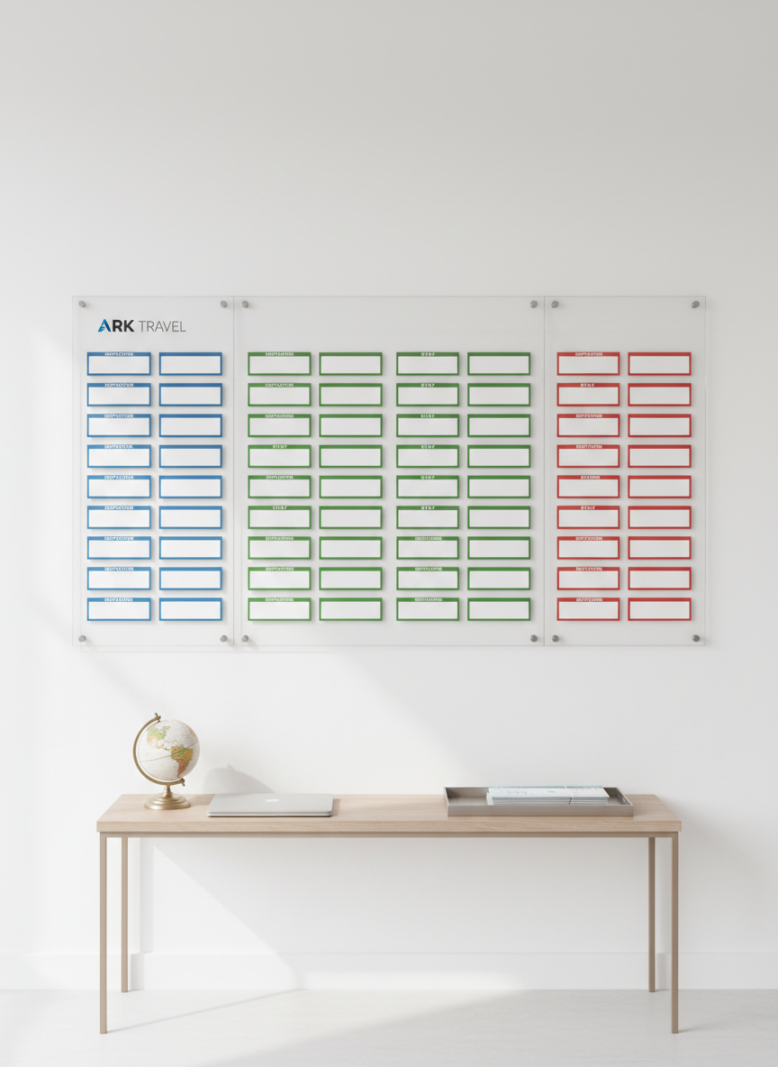 A photographic, panoramic overview of a travel itinerary board for Ark Travel, mounted on a smooth white wall. The board consists of several sleek, frameless glass panels, each holding color-coded, blank cards arranged in vertical columns to represent different stages of a trip: departure, stay, and return. Below the board, a narrow console table supports a small globe, a closed laptop, and a minimalist metal tray with assorted blank tickets. Bright, even daylight from an unseen window fills the room, eliminating harsh shadows and creating crisp reflections on the glass. Shot straight-on at eye level, the composition is symmetrical and highly organized, conveying clarity, reliability, and structured trip planning services.