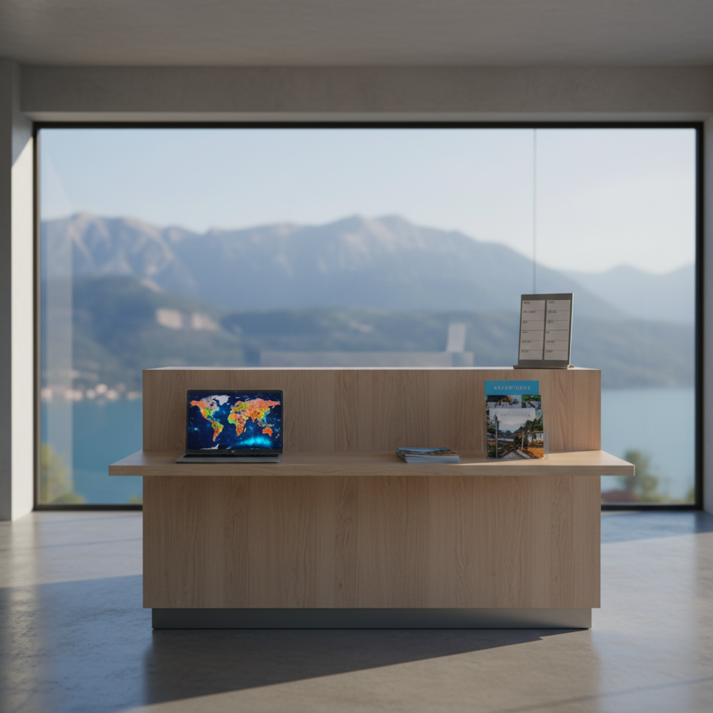A sleek, modern travel agency reception desk in Shkoder, Albania, rendered in photographic realism. A polished light-wood counter holds an open laptop displaying a colorful world map, a neat stack of glossy trip brochures, and a small metal stand with blank currency rate cards. Through a large glass window, distant Albanian mountains and a hint of Lake Shkoder are visible, softly blurred. Late afternoon natural light pours in, creating gentle reflections on the counter and subtle shadows on the floor. Shot at eye level with a wide lens, the composition feels open and professional, with cool neutral tones accented by muted blues and greens that convey trust, organization, and calm travel planning.