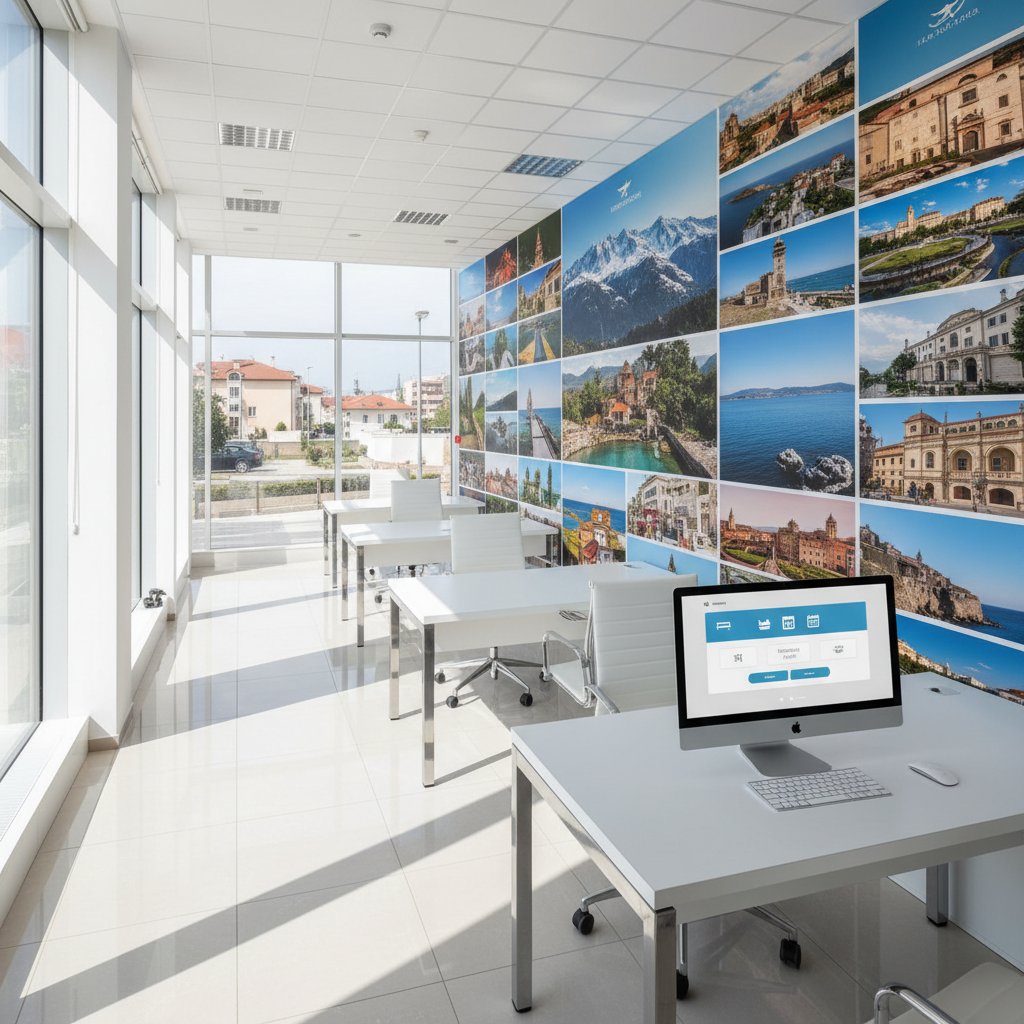 A bright, panoramic interior of a contemporary travel agency office in Shkoder, shot in photographic realism. Minimalist white desks are arranged facing a large wall filled with high-resolution landscape photos of Albanian and international destinations: rugged mountains, turquoise coastal scenes, and historic cityscapes. On the nearest desk, a computer monitor shows a clean reservation interface with abstract icons instead of text. Natural daylight streams through tall windows, casting soft, linear shadows on the pale tile floor. Captured from a slightly elevated corner angle, the image emphasizes depth and space, creating a calm, trustworthy, and highly professional atmosphere suitable for a business-focused travel site.