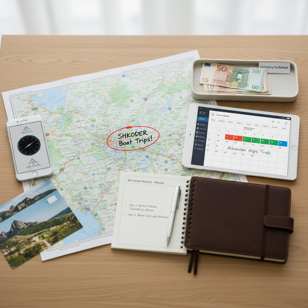 A detailed overhead view of an organized travel planning workspace for Ark Travel, captured in clean photographic style. On a smooth, light oak desk lies a large unfolded map of Albania with Shkoder clearly marked, surrounded by a modern smartphone, a slim tablet showing a calendar, and a leather-bound notebook open to a blank itinerary page. Beside them, a small tray neatly holds different currencies, emphasizing exchange services. Soft, diffused daylight from a nearby window creates even, shadowless lighting, while a shallow depth of field subtly blurs the desk edges. The mood is efficient, professional, and inviting, ideal for illustrating trip planning, reservations, and travel information without any human presence.