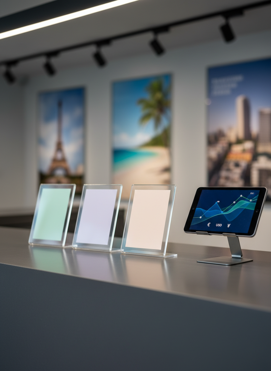 A refined, photographic composition representing exchange rate services at a travel agency. On a smooth, charcoal-gray counter, three elegant, transparent acrylic stands hold blank rectangular cards in different pastel colors, arranged in a neat row to suggest multiple currencies. Nearby, a slim digital tablet rests on a subtle metal stand, its screen showing abstract line graphs and simple currency icons. Cool, diffused overhead lighting produces soft highlights on the acrylic edges and gentle reflections on the counter surface. Captured at eye level with a moderate depth of field, the background subtly hints at a travel office interior with blurred destination posters. The mood is precise, modern, and trustworthy, emphasizing professional financial and travel information services.